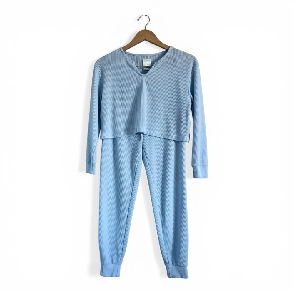 Light Blue Women's Waffle Knit Pajama Set - Soft Long Sleeve Top & Jogger Pants